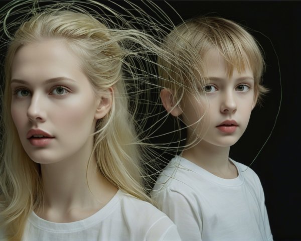Light-skinned Woman and Child in White T-Shirts on Black