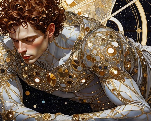 Curly-haired figure in gold suit against celestial backdrop