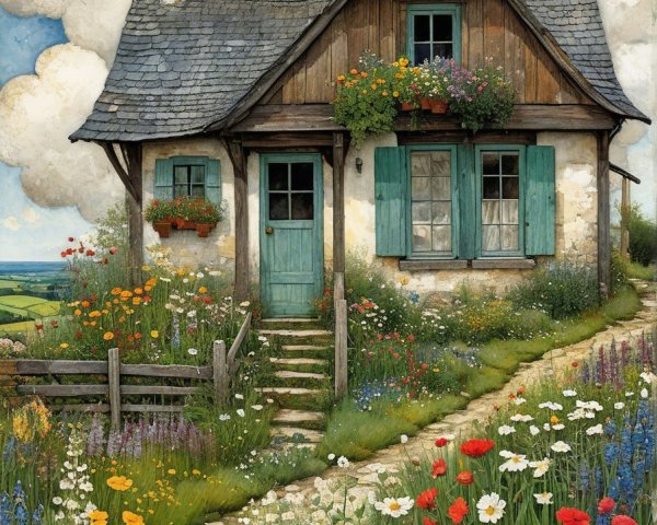 Charming Cottage Surrounded by Colorful Floral Gardens