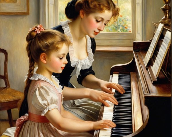 Mother and Daughter Playing Piano in Sunlit Room