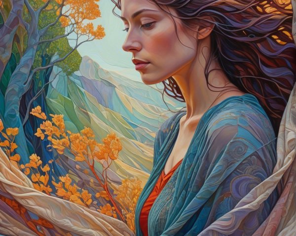 Serene Young Woman in Dreamlike Autumn Landscape