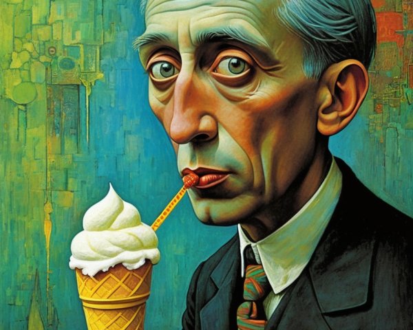 Man in Suit Holding Ice Cream Cone with Abstract Background