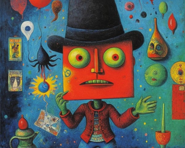 Surreal Painting of Square-Headed Figure with Whimsical Elements
