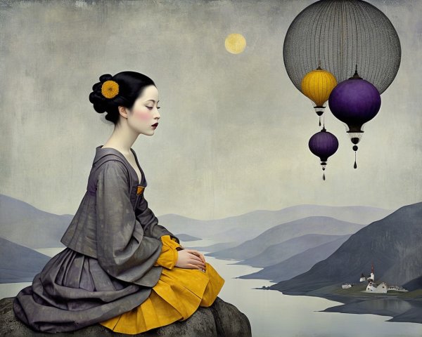 Serene figure in traditional attire with hot air balloons