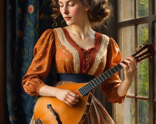 Young Woman in Vintage Dress Playing Mandolin by Window