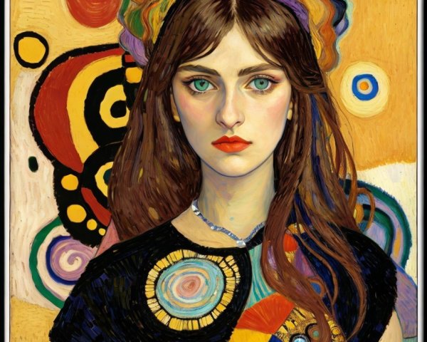 Young Woman with Green Eyes and Colorful Headpiece