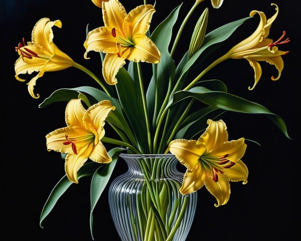 Vibrant Yellow Lilies in Glass Vase on Black Background