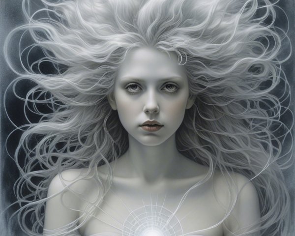 Ethereal figure with white hair in dark background