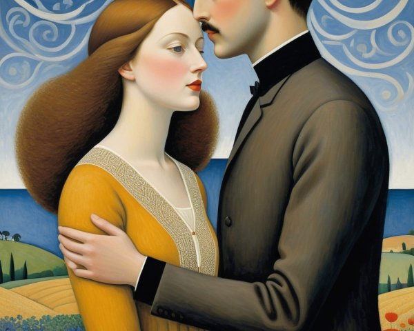 Romantic Embrace of a Couple in Vibrant Landscape