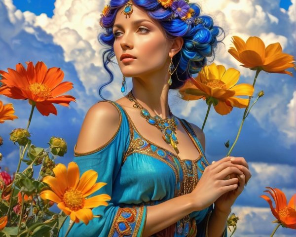 Young Woman with Blue Hair in Floral Setting
