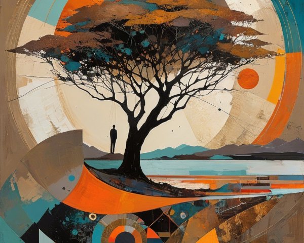 Silhouette of Figure Under Stylized Tree with Patterns