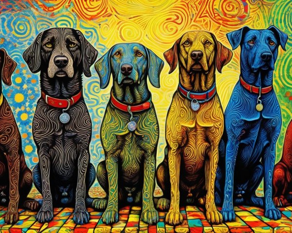 Colorful Artistic Representation of Six Dogs in a Row