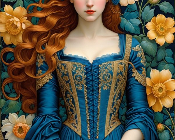 Elegant Woman in Blue Gown Surrounded by Flowers