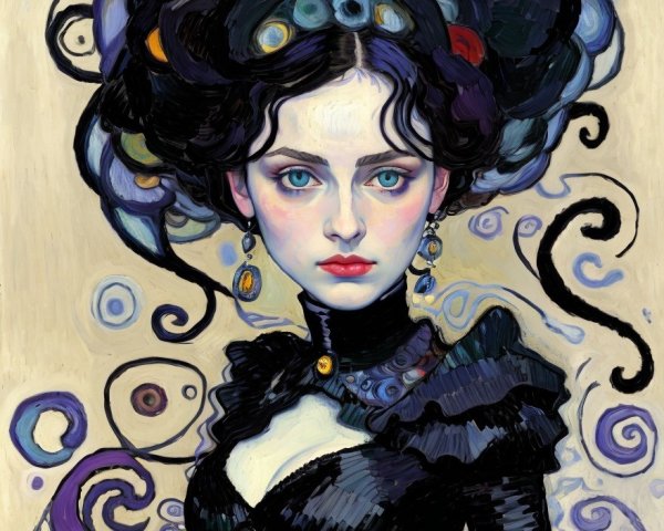 Young Woman with Elaborate Hairstyle and Dark Gown