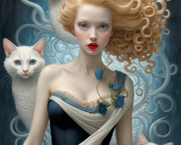 Detailed Painting of Woman with Cats and Floral Dress