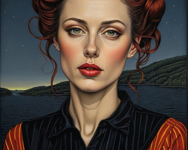 Portrait of a Woman with Red Hair and Night Landscape