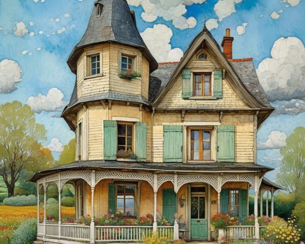 Charming Two-Story House with Turret and Garden