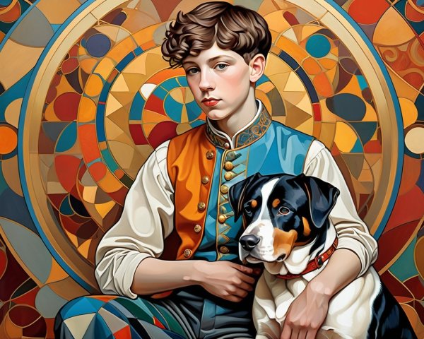 Young boy with dog against stained glass background