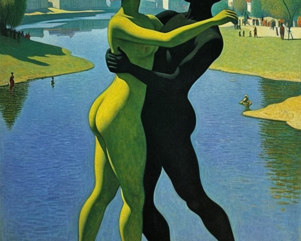Figures Embracing by a Serene Body of Water