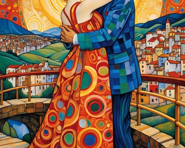 Vibrant Painting of Couple Embracing on Stone Bridge