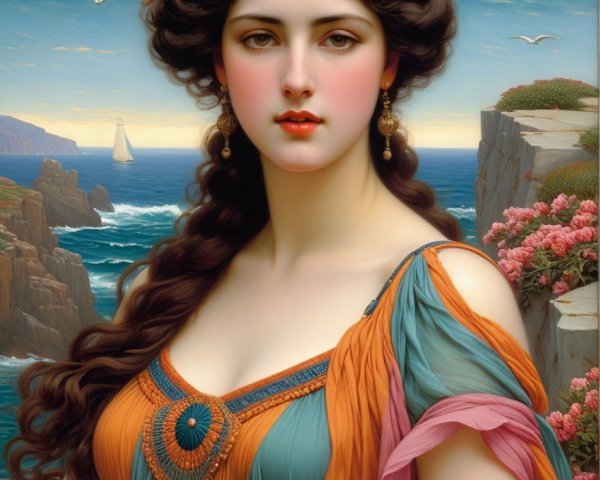 Young Woman in Colorful Dress by Ocean and Cliffs