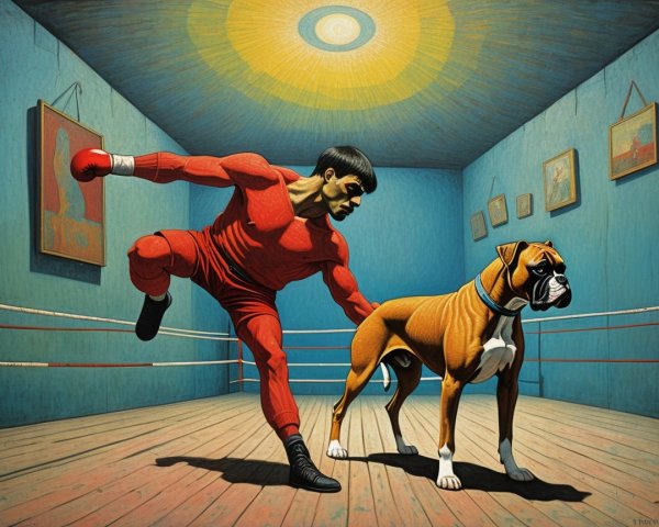 Boxer and Dog Play in Colorful Gym Setting