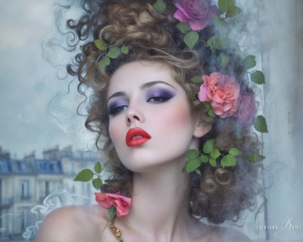 Dreamy Portrait of a Woman with Floral Accents