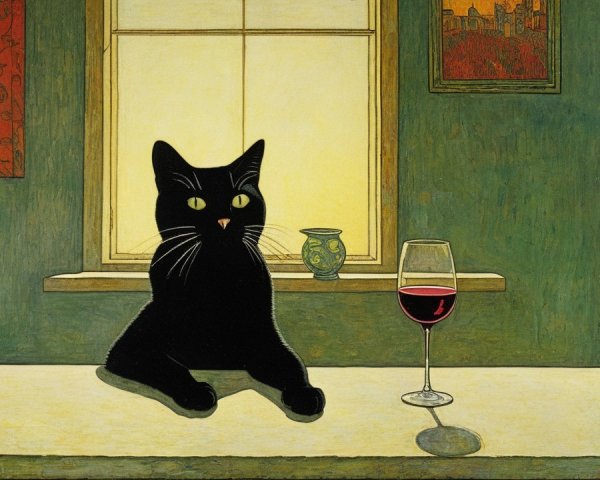 Black Cat and Wine in a Cozy Room Setting