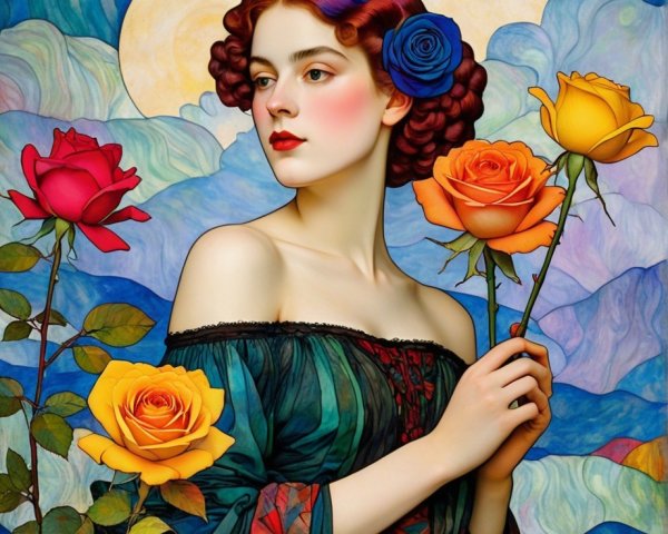Young woman with auburn hair and colorful roses