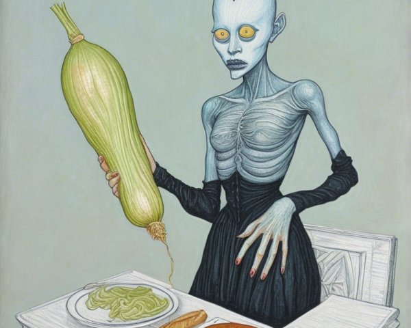 Tall Figure with Squash at Table of Diverse Foods
