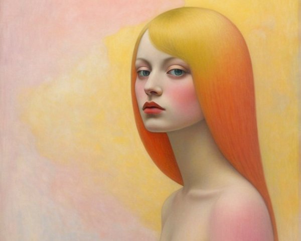 Young woman with flowing hair in pastel colors