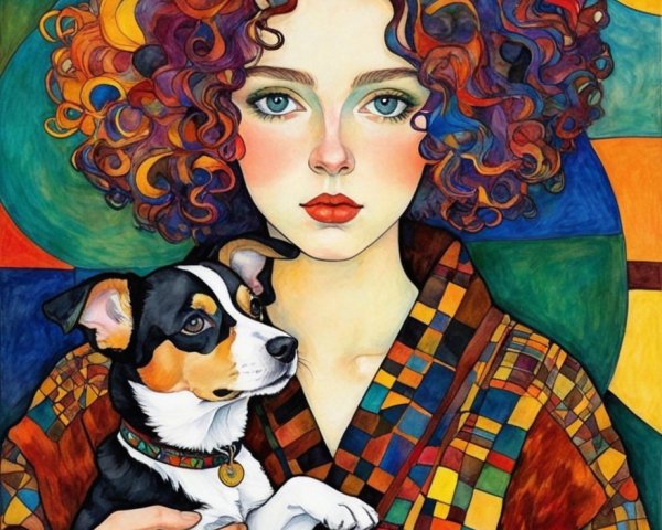 Colorful Illustration of Girl with Dog and Patterns