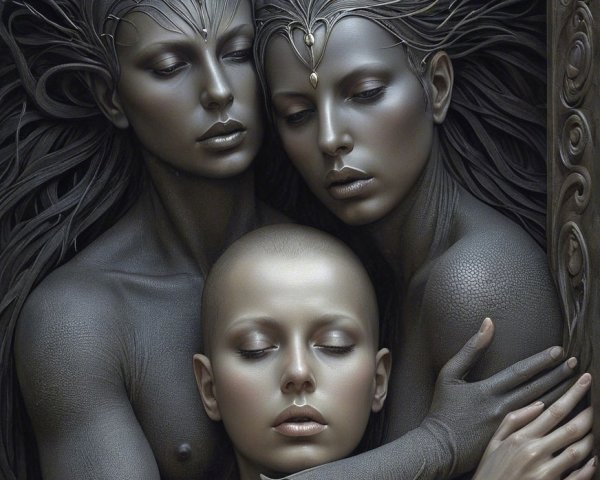 Ethereal Figures with Stone-Like Texture and Hair