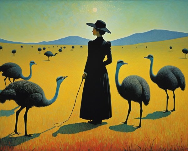 Woman in black dress with ostriches in sunlit landscape