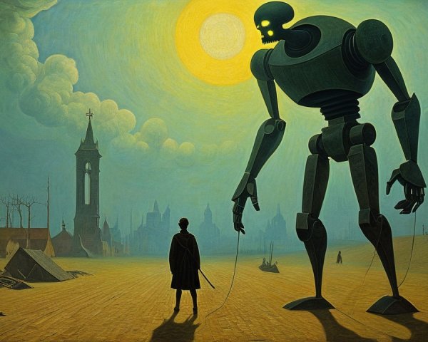 Surreal Landscape with Towering Robot and Desolation