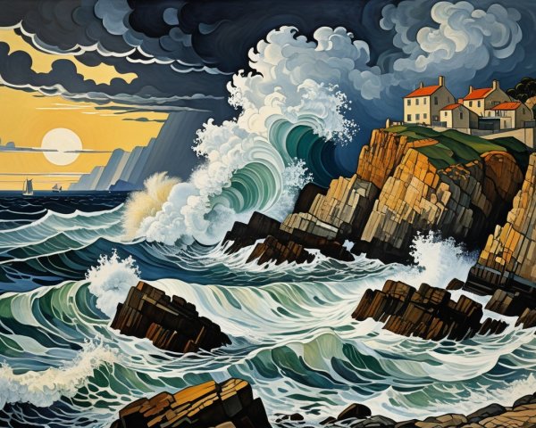Coastal Landscape with Waves and Stormy Sky