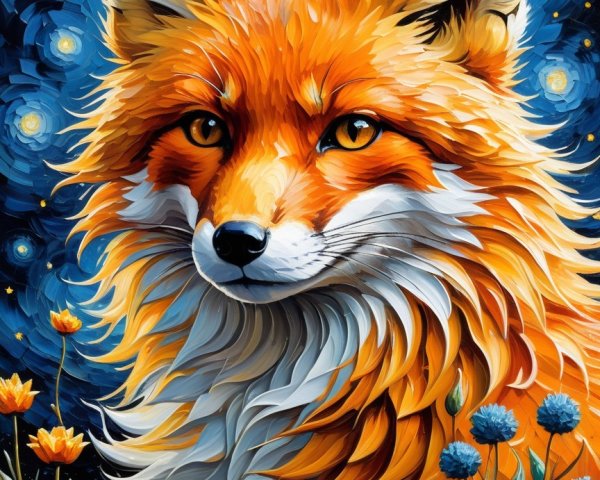 Vibrant Digital Painting of a Fox in Starry Night Sky