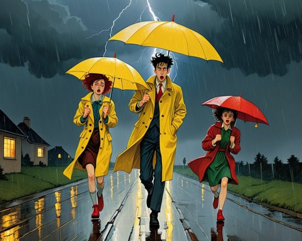 Three figures with umbrellas on a rainy road
