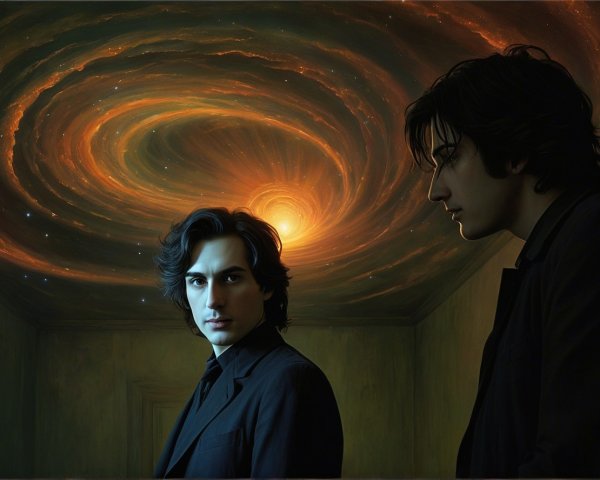 Men in Dark Suits Beneath a Glowing Galaxy Ceiling