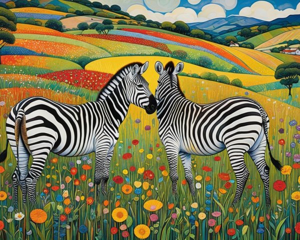 Zebras in a Colorful Meadow with Blooming Flowers
