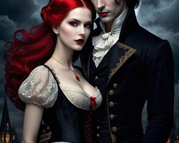 Vampire Couple in Elegant Gothic Attire at Night