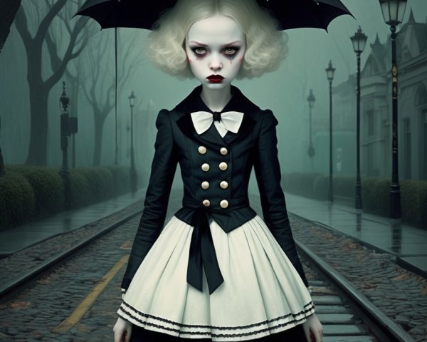 Mysterious Girl in Vintage Dress on Foggy Street