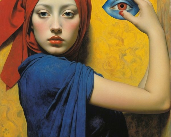 Young Woman in Blue Garment and Red Turban Portrait