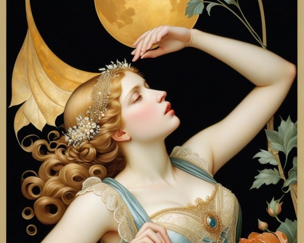 Serene Woman in Elegant Dress Under Full Moonlight