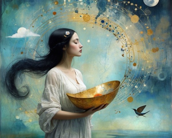 Serene Woman in White Dress with Golden Bowl