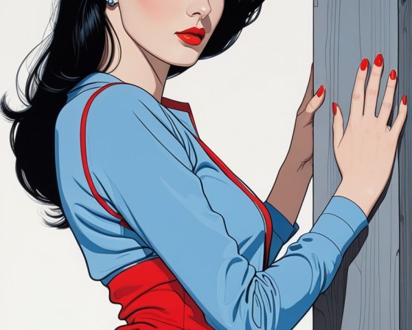 Stylized Woman with Dark Hair in Two-Tone Outfit