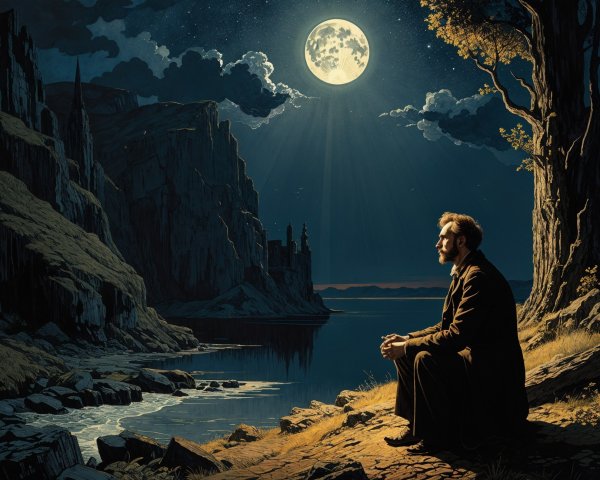 Solitary figure by moonlit lakeside with cliffs and castle