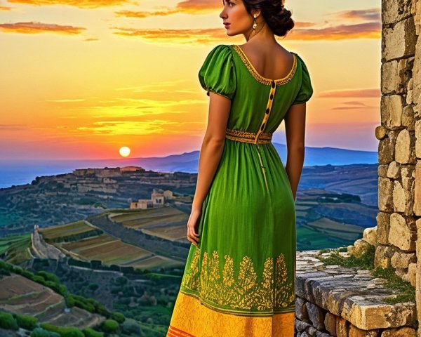 Woman in patterned dress at sunset on stone terrace