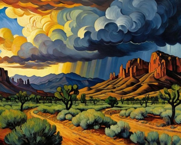 Vibrant Desert Landscape with Dramatic Sky and Cacti
