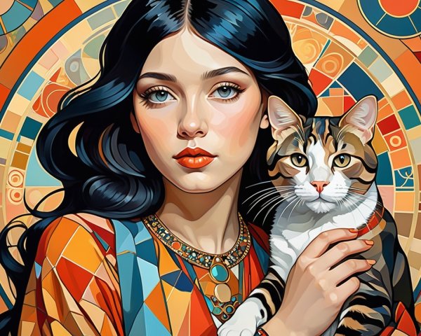 Young woman with black hair and calico cat portrait